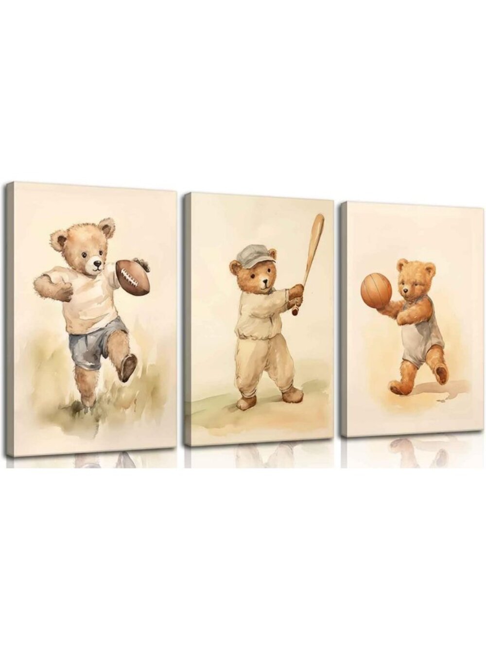 Cute Woodland Teddy Bear Sports Wall Art Set - Nursery Decor for Kids Room, 3Pcs
